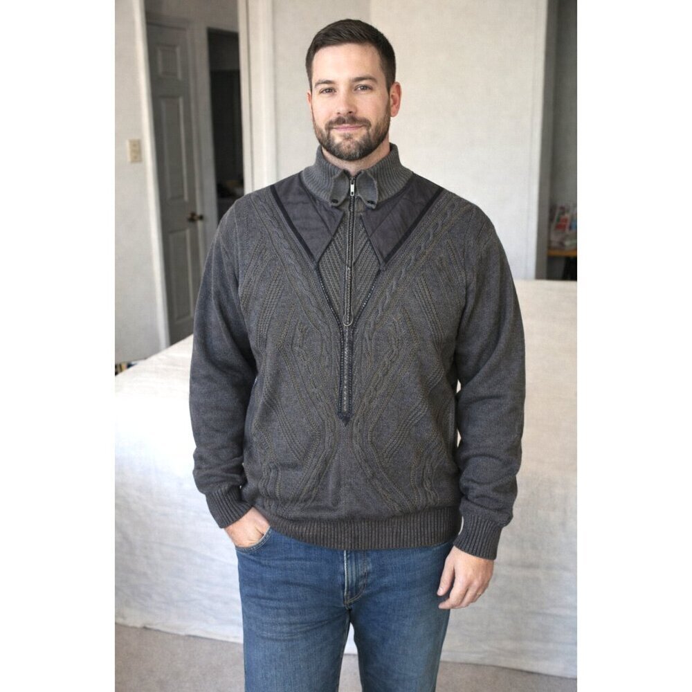 VTG Wool & leather Men Cable Knit Grey Sweater Size L Coogi Style Italy Pull on